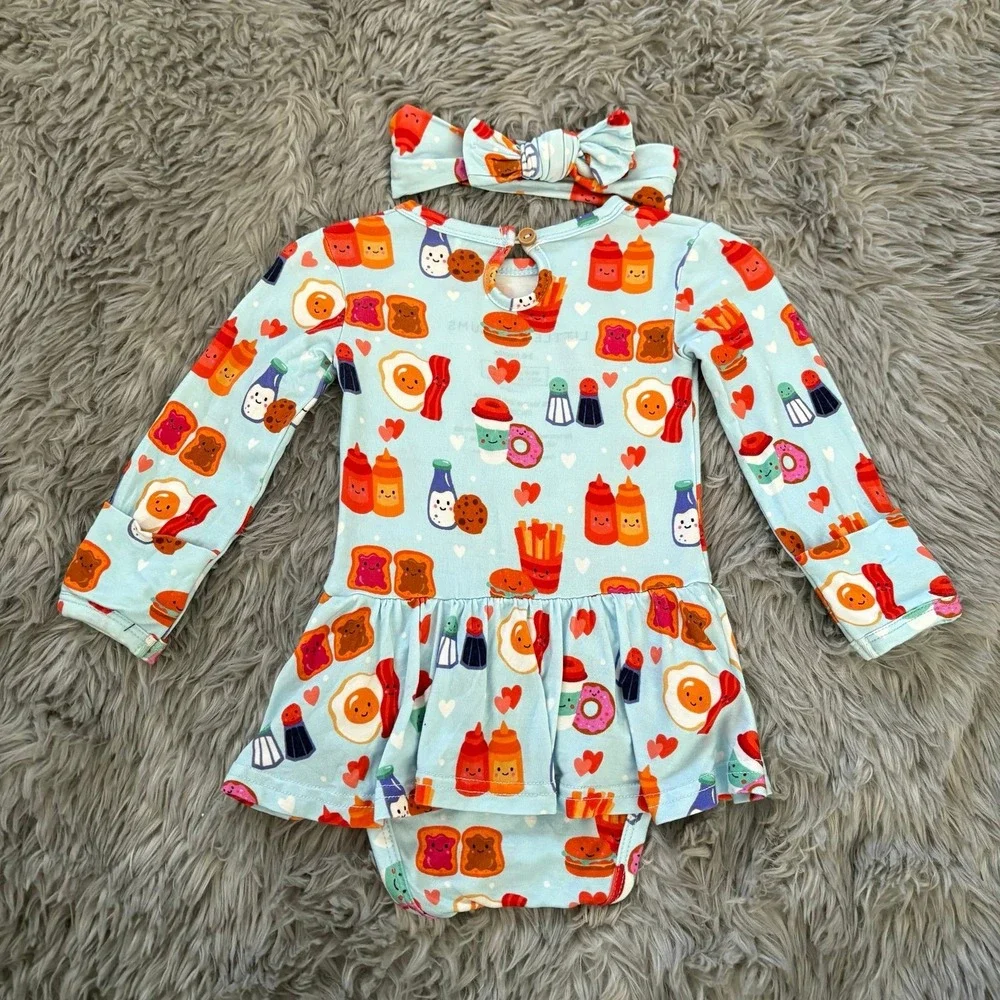 Little Bum Bums Breakfast Buddies Twirl Skirt Onesie‎ + Bow Bamboo 3-6 Months